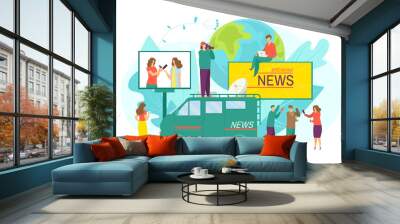 Breaking news from reporter journalist, flat tv camera vector illustration. Journalist work for press media concept, man woman character Wall mural