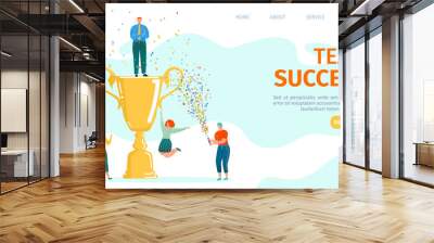 Business team success, team-work leadership qualities in creative team landing webpage template, vector illustration. Little people holding a large win cup, happy for the victory, achivement. Wall mural