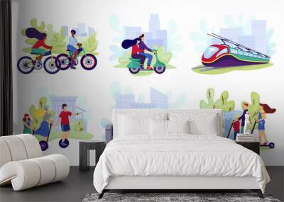 City electric transport set, vector illustration. People riding modern electric scooter, car, bicycle, skateboard or segway. Eco friendly alternative technology, transportation vehicles collection. Wall mural