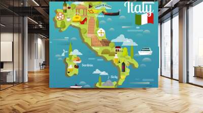 Colorful Italy travel map with attraction symbols italian sightseeing world architecture vector illustration Wall mural