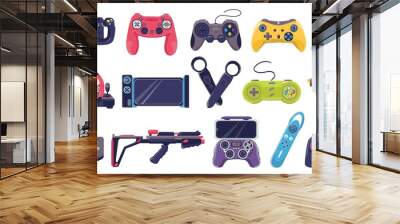 Game joystick icons and gamers gadgets technology, controller set of vector illustrations. Electronic video joysticks, computer devices. Gameing console collection for digital play, entertainment. Wall mural