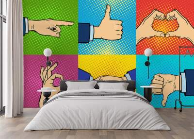 Hands showing deaf-mute different gestures human arm hold communication and direction design fist touch pop art style colorful vector illusstration. Wall mural