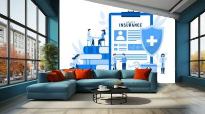 Health insurance vector illustration concept isolated. Huge health insurance form on clipboard. People patients and doctors with first aid kit, stethoscope, xray in medical clinic, hospital. Wall mural