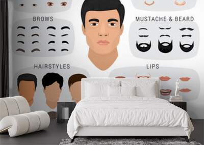 Man face constructor vector male character avatar creation head skin nose eyes with mustache and beard illustration set of facial elements construction with hairstyle isolated on white background Wall mural