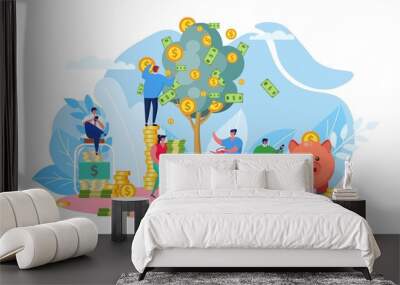 Money tree, company income vector illustration. Successfull start up, profitable new business, financial growth. Busines people worker collect banknotes and coinsrom plant, piggy bank and jar. Wall mural