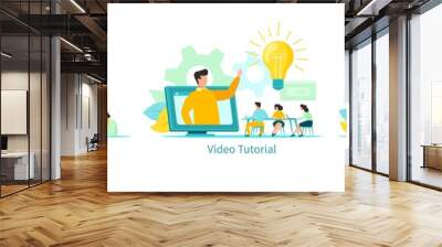 Online education vector illustration, learning people students with tutorials, courses set. Educational programs remotely by internet using computer, phone, tablet. Video lectures, online school Wall mural