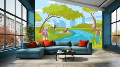 Outdoor rest at river, leisure at summer park nature vector illustration. Cartoon man woman people recreation at landscape. Wall mural