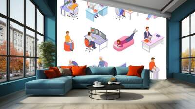 People work place vector business worker character person working on laptop computer at the table in office illustration isometric set of man woman coworkers workplace isolated on white background Wall mural