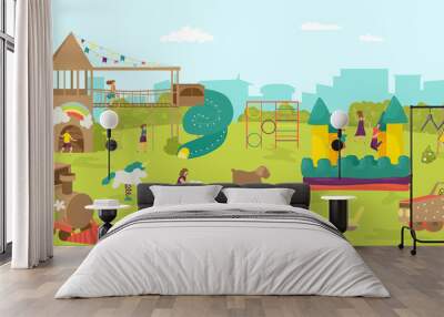 Playground in park, happy childhood vector illustration. Cartoon boy girl character play at nature, summer outdoor background. People activity at swing, cute kindergarten yard landscape. Wall mural