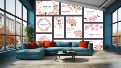 Sakura vector blossom cherry greeting cards with spring pink blooming flowers illustration japanese set of wedding invitation flowering template decoration isolated on white background Wall mural