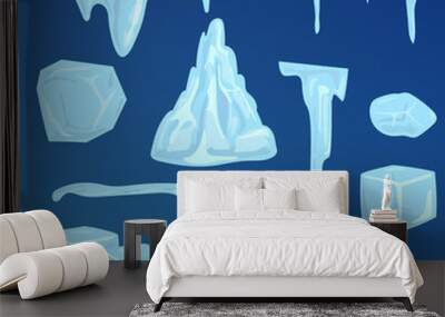 Set of ice caps snowdrifts and icicles elements winter decor vector. Wall mural