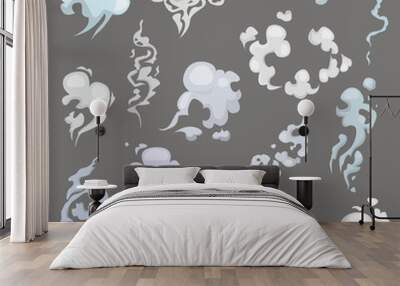 Smoke vector smoked shape and smoking effect of smokers cigarette illustration set of smooth smoky steam isolated on background Wall mural