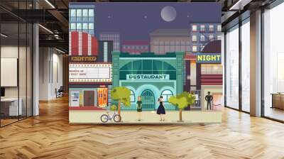 Street at urban night, people lifestyle vector illustration. Man woman character at building background,town road and cityscape. City home exterior with light, cartoon walk outdoor. Wall mural