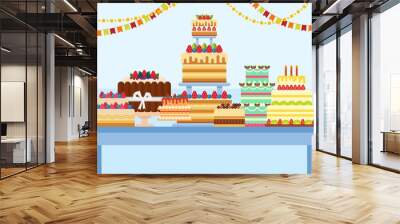 Table with cakes on it vector illustration. Delicious pastries desserts cakes festive decorated with berries, fruits, cream, candles, ribbon. Confectionery, cafe, sweets shop, bakery. Wall mural