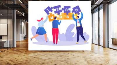 Teamwork puzzle detail banner, businessman and businesswoman colleague together work office flat vector illustration, isolated on white. Group harmonious labour, employee firm cooperation. Wall mural