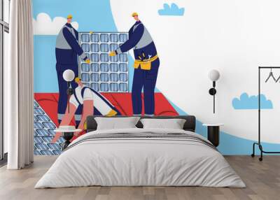 Three male construction workers installing solar panels roof. Technicians working solar modules renewable energy project. Sustainable technology green jobs vector illustration Wall mural