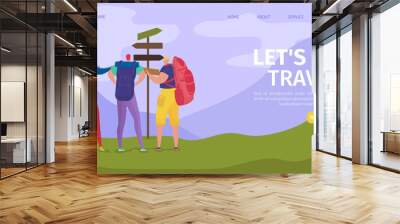 Travel and hiking for tourists adventure in nature website landing, vector illustration. Travelling, climbing, trekking, hiking and walking. People travelers with backpacks, sport for summer vacation. Wall mural