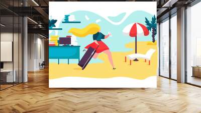 Vacation for business worker on beach flat vector illustration. Businesswoman running from office work to tropical summer sea. Travel and tourism concept. Holiday tours to ocean, traveling company. Wall mural