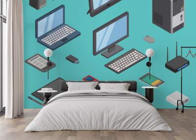 Vector set of isometric computer gadget devices icons wireless technologies mobile communication 3d illustration Wall mural