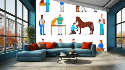 Veterinary vector veterinarian doctor man or woman treating pet patients cat or dog illustration set of vet people with animalistic characters in vetclinic isolated on white background Wall mural