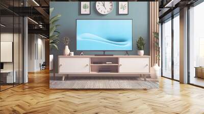 3d render painting depicting a Smart TV blue screen on cabinet in a modern living room. Wall mural