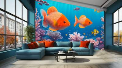 High quality cute fishes near coral reef with colorful underwater illustration background design. Wall mural