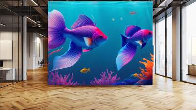 High quality gradient color fishes swimming colorful underwater illustration background. Wall mural