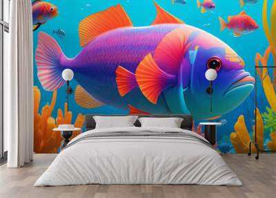 Illustration modern view of animated cartoon 3d render fish with colorful high quality background design. Wall mural