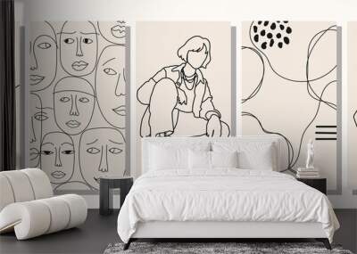 Set of Woman's Face minimalist collage abstract contemporary fashion in a modern trendy colors. Wall mural