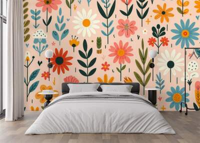 Astratto Botanico di Foglie e Fiori, grafica vettoriale tessile con foglie, illustrazione naturale, illustrazione floreale vettoriale, arte floreale senza cucitura Wall mural