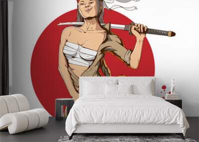 japanese soldier girl holding sword and pistol in world war 2 style pin up girl for tshirt, design element, poster or any other purpose. Wall mural