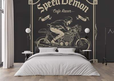 Speed Demon skeleton rider in monochrome, vintage art suitable for t-shirt print, poster, or any other purpose Wall mural