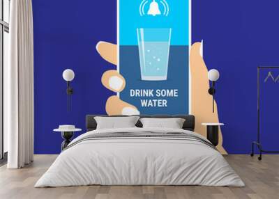 Female hand hold smartphone with drink some water text message and glass of water on screen. Woman showing cell phone with reminder notification. Healthy lifestyle concept. Vector EPS10 illustration. Wall mural