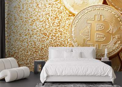 close-up of golden Bitcoin coins on a gold background Wall mural