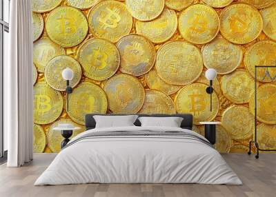 close-up of golden Bitcoin coins on a gold background Wall mural