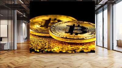 close-up of golden Bitcoin coins on a gold background Wall mural