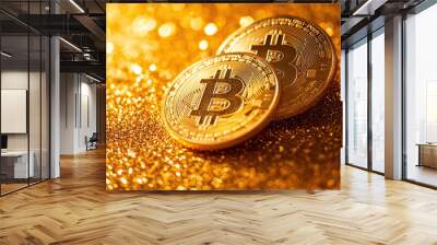 close-up of golden Bitcoin coins on a gold background Wall mural