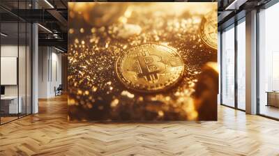 close-up of golden Bitcoin coins on a gold background Wall mural