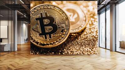 close-up of golden Bitcoin coins on a gold background Wall mural