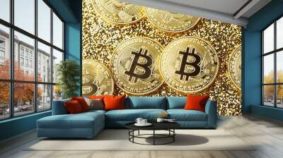 close-up of golden Bitcoin coins on a gold background Wall mural