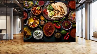 A mouthwatering table spread adorned with diverse global delicacies Wall mural