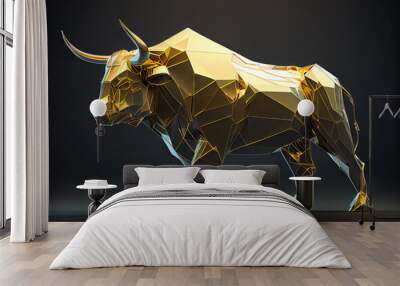 Stylized golden bull standing on a dark background.  striking representation of the bullish symbol, often associated with the finance industry and stock market. Generative AI Wall mural