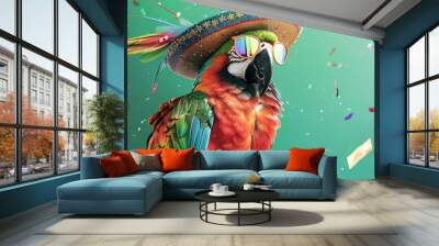 Flamboyant parrot with sunglasses, tropical hat, vivid colored background Wall mural