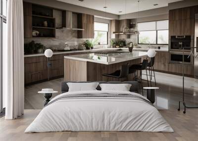 Modern and luxurious kitchen with a large table and a large work surface. Wood and marble Wall mural