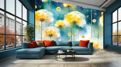 Green yellow watercolor dandelion flowers pattern floral background wallpaper wrap  Wall mural