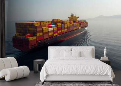 Massive container ship sailing through calm waters, loaded with colorful shipping containers. Ideal for global trade, logistics, and transportation topics. Wall mural