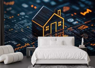 A glowing financial chart with a flat interest rate line, leading to a house surrounded by financial symbols, symbolizing a fixed-rate mortgage Wall mural