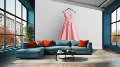 A pastel-colored dress on a sleek metallic hanger, floating in a white void, Minimalist, Abstract, Clean composition, 3D Render Wall mural