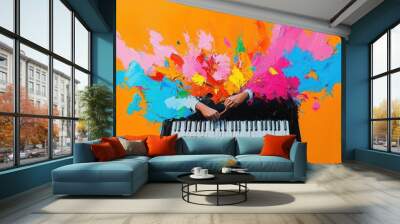 Abstract pianist, hands blending into keys, vibrant notes exploding outward, surreal painting Wall mural