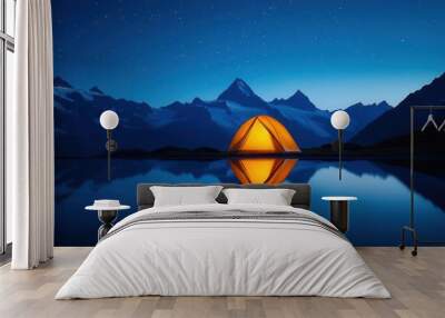 Camping on a high mountain ridge, stars reflecting in a nearby lake, calm Wall mural